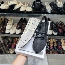 (MỚI HOT) Giày cao gót lưới chấm bi Giày búp bê lưới chấm bi nơ ngọc mẫu mới V55 Giày búp bê nữ quai nơ ngang tiểu thư 4