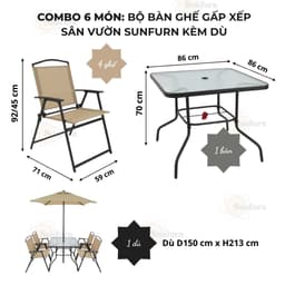 [HÀNG XUẤT KHẨU] Bộ Bàn Ghế Sân Vườn 6 Món Cao Cấp - Vải Lưới Textilence & Dù Che Nắng Hiện Đại SUNFURN 8