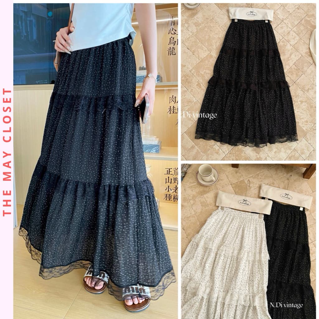 𝑨𝒏𝒏 𝑺𝒕𝒖𝒅𝒊𝒐 / Chân Váy Chấm Bi Tầng Phối Ren Dáng Dài 82cm Midi Bồng Xòe Vintage Tag 𝐅𝟏𝟖 𝐒𝐭𝐮𝐝𝐢𝐨
