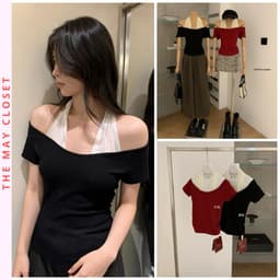 𝑨𝒏𝒏 𝑺𝒕𝒖𝒅𝒊𝒐 [𝐒𝐀𝐋𝐄]  𝐖𝐆𝐖𝐄/ Áo Thun Trễ Vai Nữ Ngắn Tay Phối Cổ Yếm WG.WE 9140 Ôm Body Chất Cotton Co Giãn 1