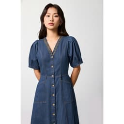 Váy denim nữ dáng xòe cổ V GENVIET JEANS thắt eo tôn dáng trẻ trung cotton USA cao cấp che bụng 9085 4