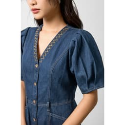 Váy denim nữ dáng xòe cổ V GENVIET JEANS thắt eo tôn dáng trẻ trung cotton USA cao cấp che bụng 9085 3