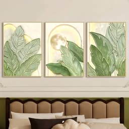 Bộ 3 Tranh treo tường tấm phong cách kem, họa tiết lá cây hoa văn, trang trí phòng khách phòng ngủ hiện đại 2