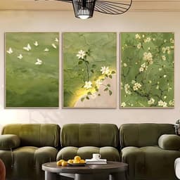 Bộ 3 Tranh treo tường tấm phong cách kem, họa tiết lá cây hoa văn, trang trí phòng khách phòng ngủ hiện đại 3