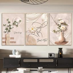 Bộ 3 Tranh treo tường tấm phong cách kem, họa tiết lá cây hoa văn, trang trí phòng khách phòng ngủ hiện đại 6