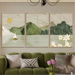 Bộ 3 Tranh treo tường tấm phong cách kem, họa tiết lá cây hoa văn, trang trí phòng khách phòng ngủ hiện đại 8
