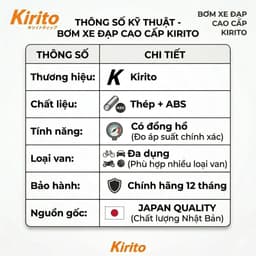 Bơm xe đạp, xe máy thương hiệu Kirito nhật bản có đầu bơm bóng, bơm đệm 7