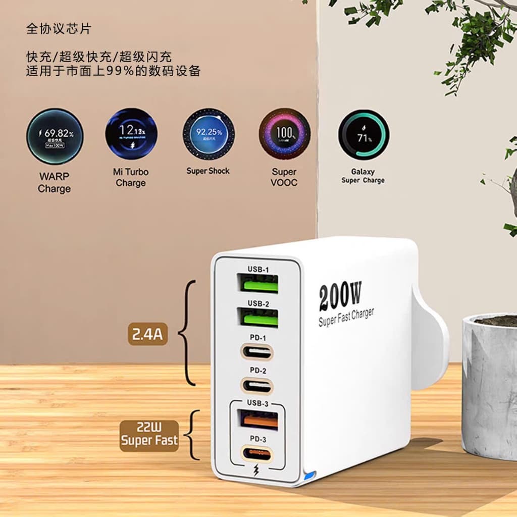 Bộ sạc 200W  siêu nhân nhanh Type C 6 cổng, 200W, Sạc nhanh PD, Bộ sạc nhanh QC 3 ...
