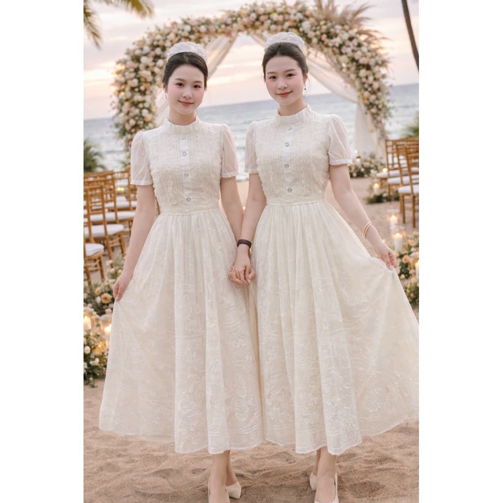 VÁY REN KEM XOÈ TAY NGẮN TIỂU THƯ XUKADRESS