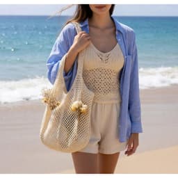Túi lưới đi biển đan len 2 màu trắng - nâu phong cách Hàn Quốc | Ocean Charm 3
