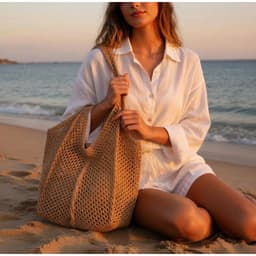 Túi lưới đi biển đan len 2 màu trắng - nâu phong cách Hàn Quốc | Ocean Charm 4