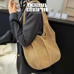Túi lưới đi biển đan len 2 màu trắng - nâu phong cách Hàn Quốc | Ocean Charm 1