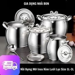 ÂU Lọc Dầu Inox Có Nắp Đậy Size 1-4 Lít,Tặng Lọc Dầu +Thìa , Có Tay Cầm, Tích Trữ Dầu Mỡ Đa Năng 1
