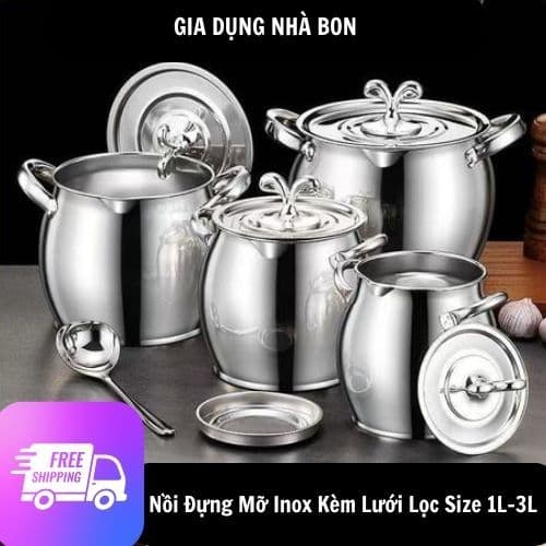 ÂU Lọc Dầu Inox Có Nắp Đậy Size 1-4 Lít,Tặng Lọc Dầu +Thìa , Có Tay Cầm, Tích Trữ Dầu Mỡ Đa Năng