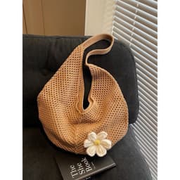Túi lưới đi biển đan đính hoa dáng tròn phong cách Hàn Quốc 2 màu trắng - nâu | Ocean Charm 9