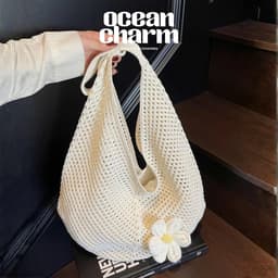Túi lưới đi biển đan đính hoa dáng tròn phong cách Hàn Quốc 2 màu trắng - nâu | Ocean Charm 3