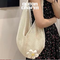 Túi lưới đi biển đan đính hoa dáng tròn phong cách Hàn Quốc 2 màu trắng - nâu | Ocean Charm 1