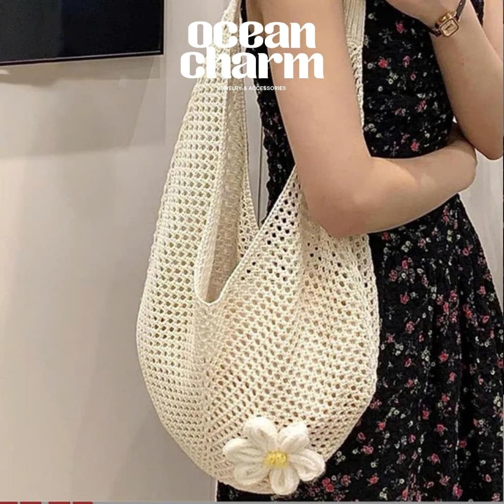Túi lưới đi biển đan đính hoa dáng tròn phong cách Hàn Quốc 2 màu trắng - nâu | Ocean Charm