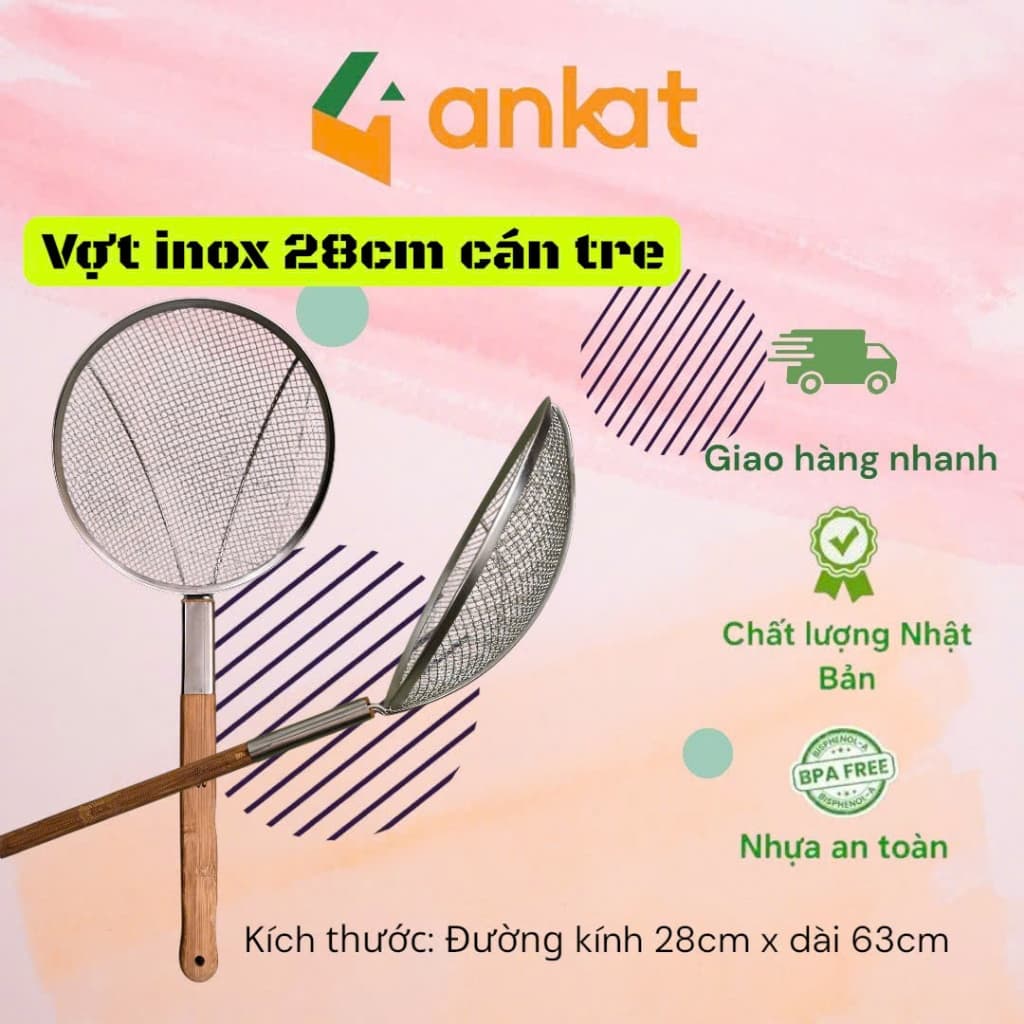 Vợt vớt đồ ăn inox 28cm cán tre – Lưới dày, chuyên dùng chiên rán, bền chắc, tiện lợi
