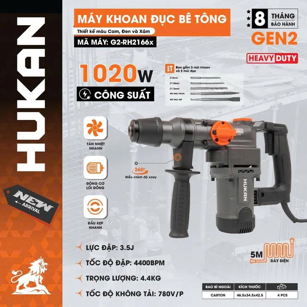 Máy khoan đục bê tông HUKAN G2-RH2166X, Công suất 1020w, Mtor dây đồng 100% - Tặng 5 Mũi