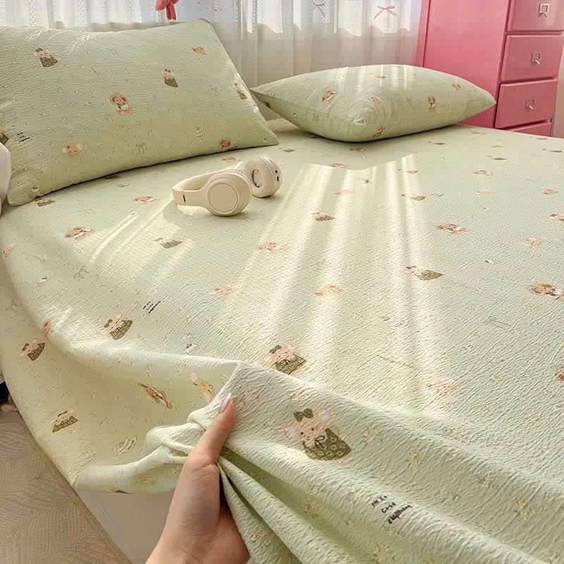(1 ga giường 2 vỏ gối) Bộ Ga Gối Đũi Dệt Tơ Tre Sọc Pastel – Ga Giường Mềm Mát Thoáng Khí, Thấm Hút Tốt