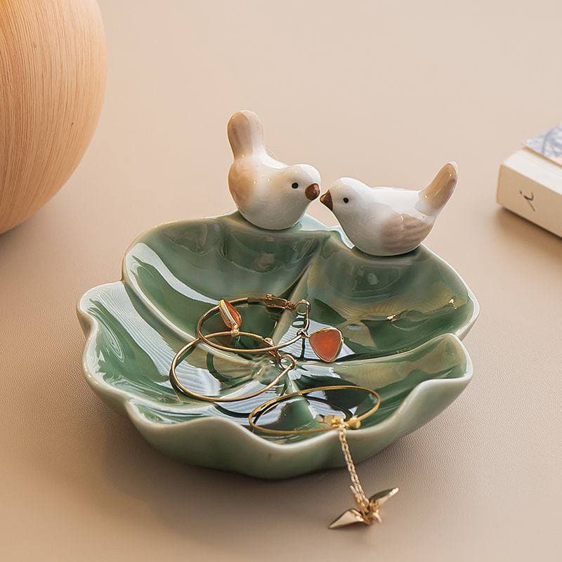 Khay Sứ Đựng Trang Sức Hình Lá Kèm Chim Decor – Đĩa Để Nhẫn, Khuyên Tai, Phụ Kiện Bàn Trang Điểm