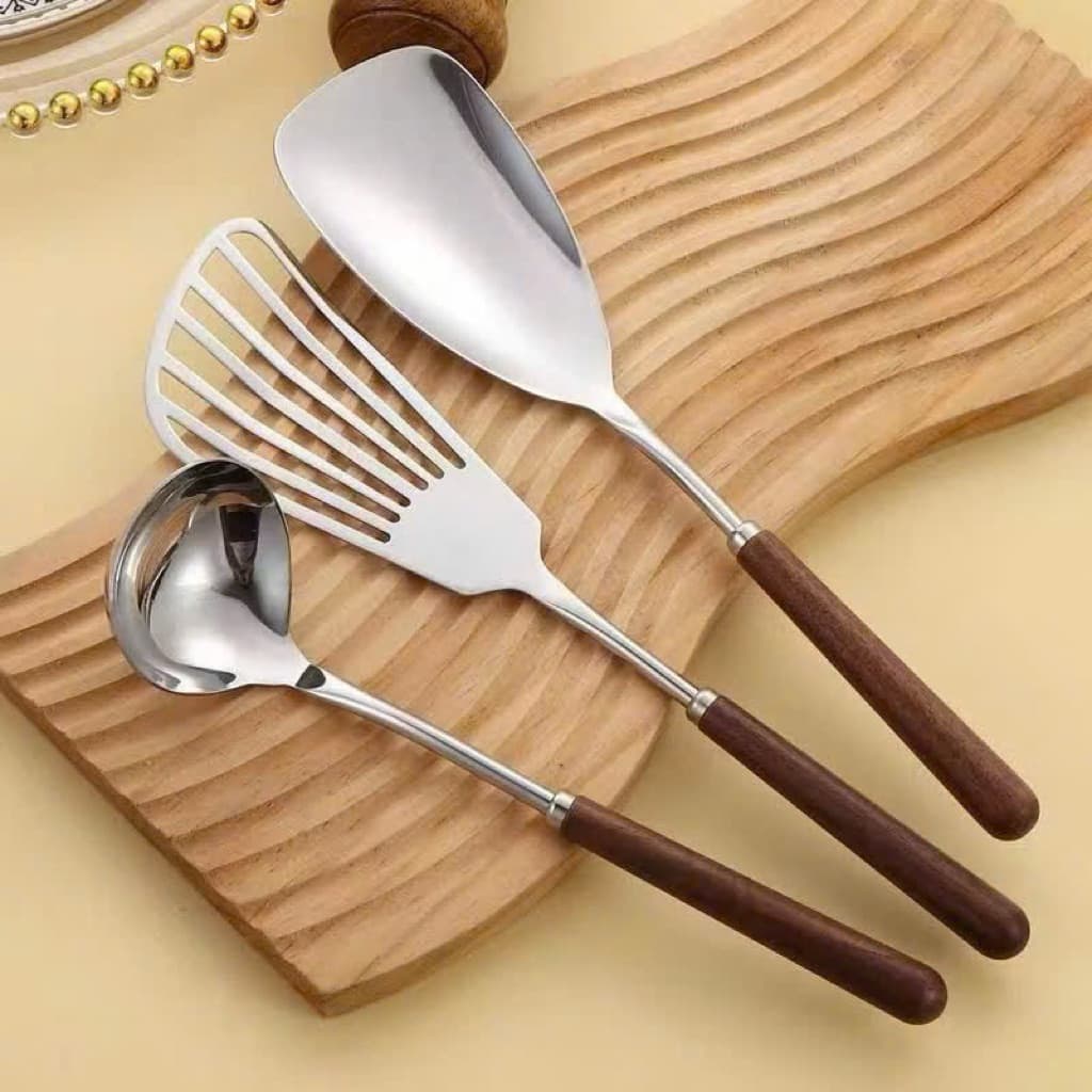 Set 3 thìa dụng cụ nấu ăn không gỉ tay cầm bằng gỗ dụng cụ nhà bếp VINBEO -[AL06]