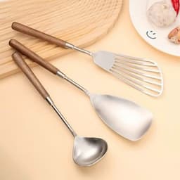 Set 3 thìa dụng cụ nấu ăn không gỉ tay cầm bằng gỗ dụng cụ nhà bếp VINBEO -[AL06] 2