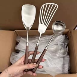 Set 3 thìa dụng cụ nấu ăn không gỉ tay cầm bằng gỗ dụng cụ nhà bếp VINBEO -[AL06] 5