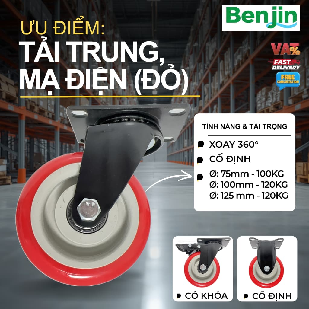  Bánh xe đẩy mạ điện tải trung màu đỏ bánh xe xoay, cố định PP 40mm, 50mm, 60mm, 70mm, 10mm