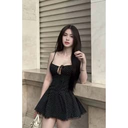 Đầm 2 Dây Chấm Bi Đen Dáng Xòe Ôm Ngực Buộc Dây Sexy Ngắn Đi Chơi Mùa Hè 7