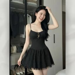 Đầm 2 Dây Chấm Bi Đen Dáng Xòe Ôm Ngực Buộc Dây Sexy Ngắn Đi Chơi Mùa Hè 3