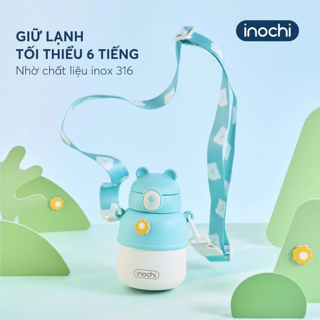 Bình giữ nhiệt inox Fuji Bear Inochi 560ml – Inox 316, Giữ nhiệt tốt, Có ống hút, dây đeo cho bé
