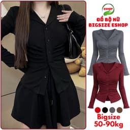 Áo Thun Nữ Tay Dài Cổ Bẻ Bigsize ESHOP Áo Thun Thiết Kế Cài Nút Thun Gân Tăm Co Giãn Thoải Mái MS535 1