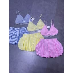 Set đồ đi biển nữ kẻ sọc pastel – Áo bra ren dây ngọc + quần short xòe sexy, siêu tôn dáng 8