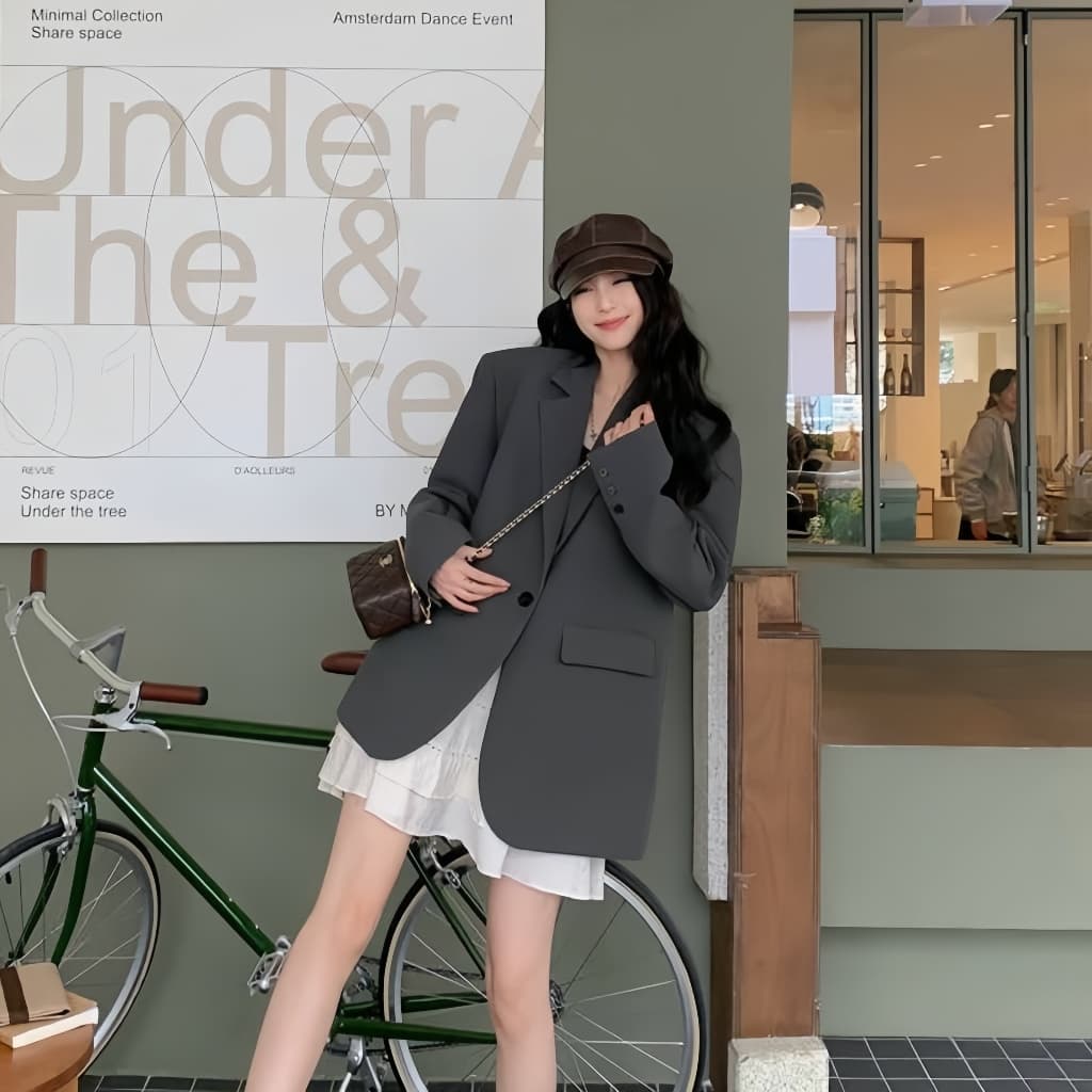 [Sẵn Xám] Áo Blazer Nữ Dáng Dài Áo Vest Nữ Blazer Dáng Rộng Màu Xám Phong Cách Retro Áo Khoác Vest Nữ Kiểu Hàn Quốc AZ10