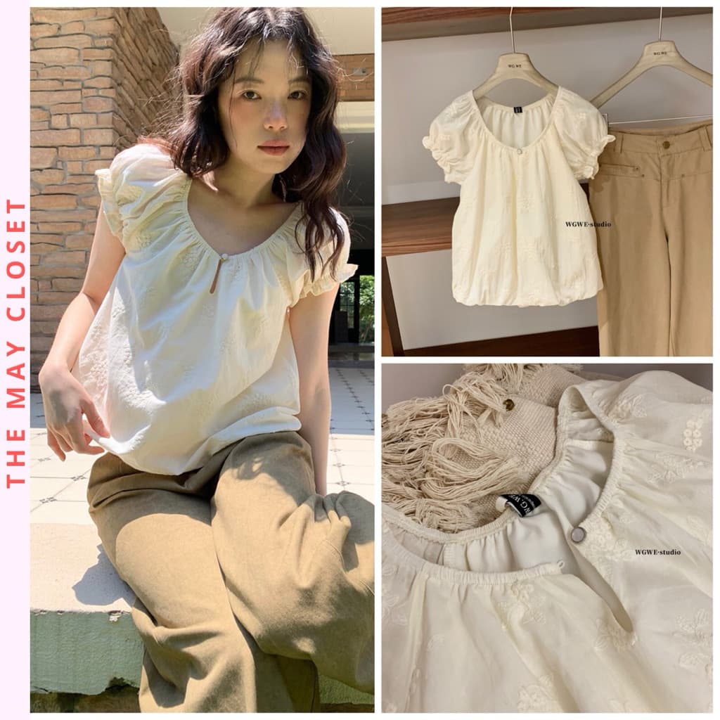 𝑨𝒏𝒏 𝑺𝒕𝒖𝒅𝒊𝒐  [SẴN] 𝐖𝐆𝐖𝐄/ Áo Babydoll Nữ Thô Boi Dáng Bí WG.WE 8740 Cổ Tròn Tay Bồng Ngắn Thêu Hoa Vintage