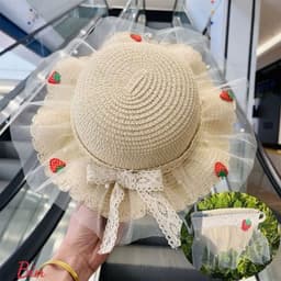 MŨ CÓI BÉ GÁI PHỐI REN LƯỚI THÊU CHERRY – RỘNG VÀNH CHỐNG NẮNG, KÈM TÚI XINH ĐỒNG BỘ 🍒  VINBEO [BIN01] 2