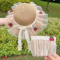 MŨ CÓI BÉ GÁI PHỐI REN LƯỚI THÊU CHERRY – RỘNG VÀNH CHỐNG NẮNG, KÈM TÚI XINH ĐỒNG BỘ 🍒  VINBEO [BIN01] 3