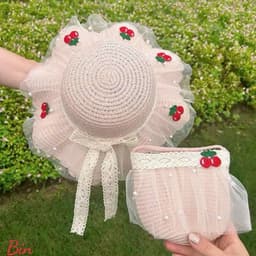 MŨ CÓI BÉ GÁI PHỐI REN LƯỚI THÊU CHERRY – RỘNG VÀNH CHỐNG NẮNG, KÈM TÚI XINH ĐỒNG BỘ 🍒  VINBEO [BIN01] 5