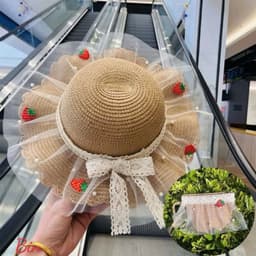 MŨ CÓI BÉ GÁI PHỐI REN LƯỚI THÊU CHERRY – RỘNG VÀNH CHỐNG NẮNG, KÈM TÚI XINH ĐỒNG BỘ 🍒  VINBEO [BIN01] 6