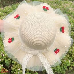 MŨ CÓI BÉ GÁI PHỐI REN LƯỚI THÊU CHERRY – RỘNG VÀNH CHỐNG NẮNG, KÈM TÚI XINH ĐỒNG BỘ 🍒  VINBEO [BIN01] 8