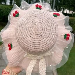MŨ CÓI BÉ GÁI PHỐI REN LƯỚI THÊU CHERRY – RỘNG VÀNH CHỐNG NẮNG, KÈM TÚI XINH ĐỒNG BỘ 🍒  VINBEO [BIN01] 9