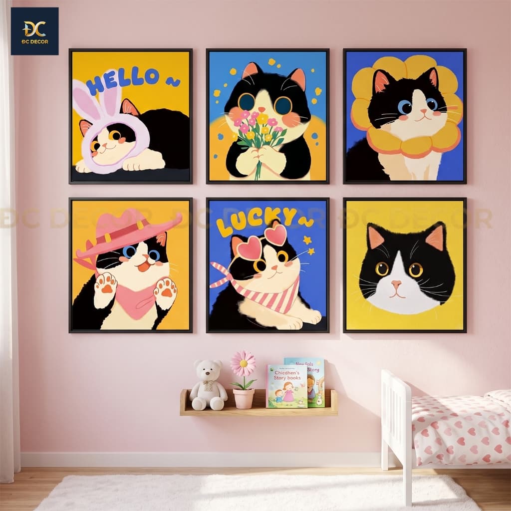 Tranh Treo Tường Hoạt Họa Hình bé mèo  Đáng Yêu , tranh canvas, trang trí phòng ngủ