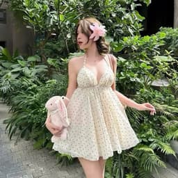 Váy Yếm Babydoll Hở Lưng Màu Kem Trơn/Chấm Bi Chất Voan Bồng Bềnh Mặc Hè Đi Biển 5