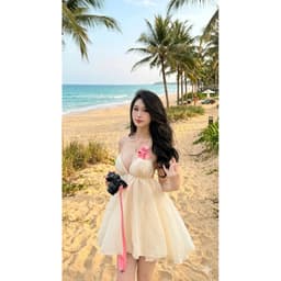 Váy Yếm Babydoll Hở Lưng Màu Kem Trơn/Chấm Bi Chất Voan Bồng Bềnh Mặc Hè Đi Biển 9
