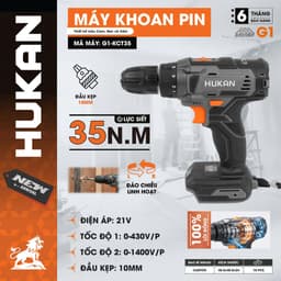 Máy khoan pin bắn vít gia đình HUKAN G1-KCT35, Lực siết 35Nm, Đầu kẹp 10mm, Động cơ chổi than 1