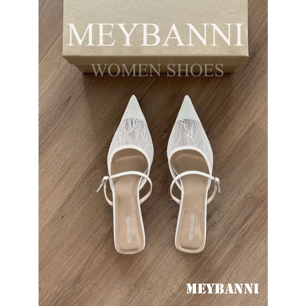 Giày Cao Gót MEYBANNI Mũi Nhọn Đế Nhọn 4cm Bản Ren Hoa Phối Quai Ngang Basic - D802