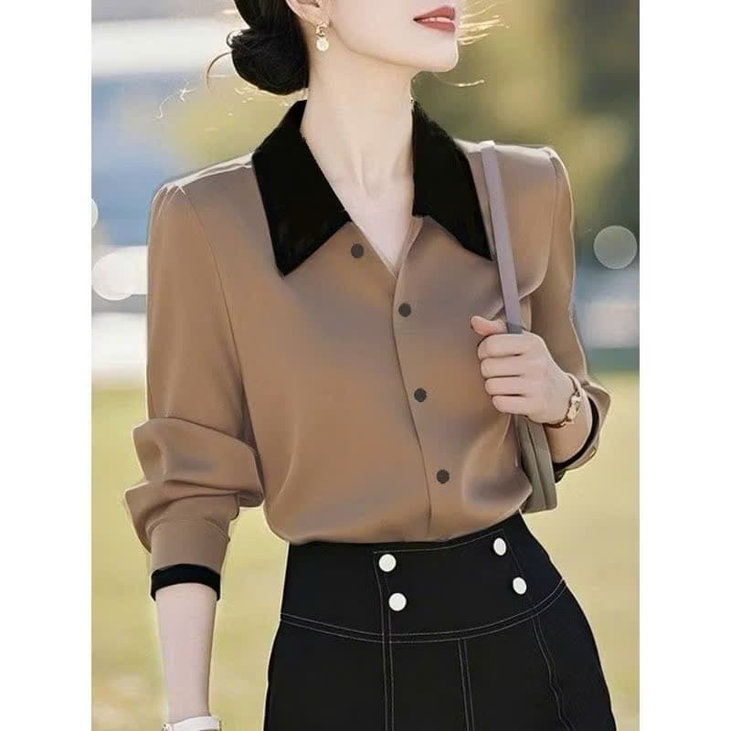 Áo Sơ Nữ Tay Dài hoa lụa tatin mềm mát nhẹ phối cổ Fom vừa thoáng Mát Phong Cách thanh lịch  A4608 full size 35-90kg