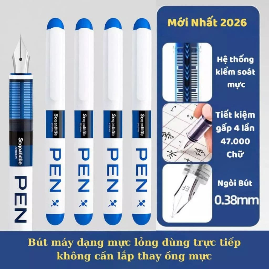 Bút Máy Ngòi EF trơn - F34 cho học sinh có sẵn mực, Viết siêu êm trơn, Dung Tích Lớn, Mực Nhanh Khô